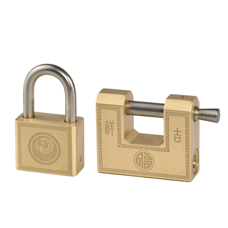 挂锁家用黄铜大门锁防水防锈防盗锁头锁具横开中式复仿古铜锁C级-图3