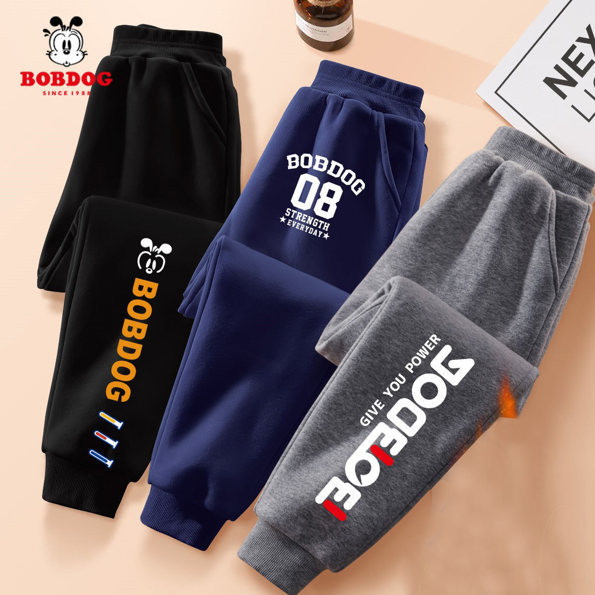 巴布豆童装男童加绒裤子秋冬装儿童运动裤酷帅男孩长裤中大童卫裤 - 图0