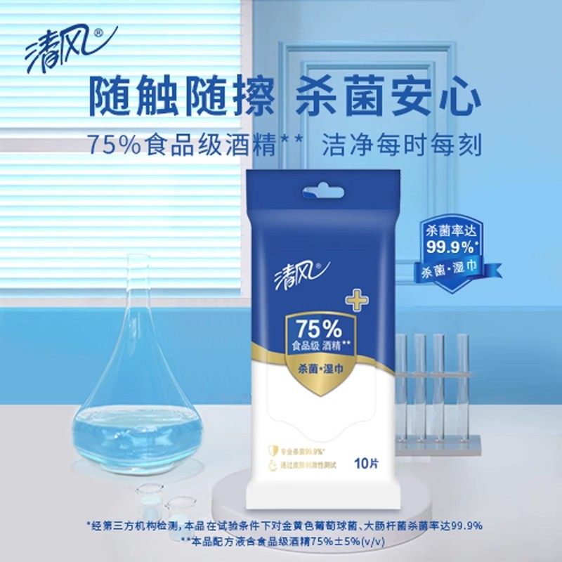 清风消毒湿巾75度酒精家庭装10片10小包杀菌湿纸巾