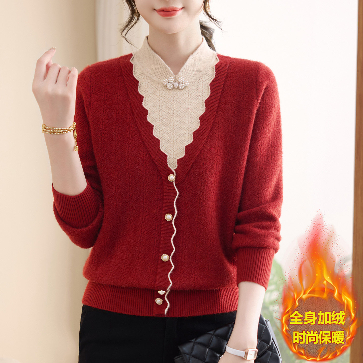 新中式假两件加绒厚毛衣女中老年妈妈加肥特大码立领一体绒针织衫,淘宝优惠券,粉丝福利购,淘宝优惠卷
