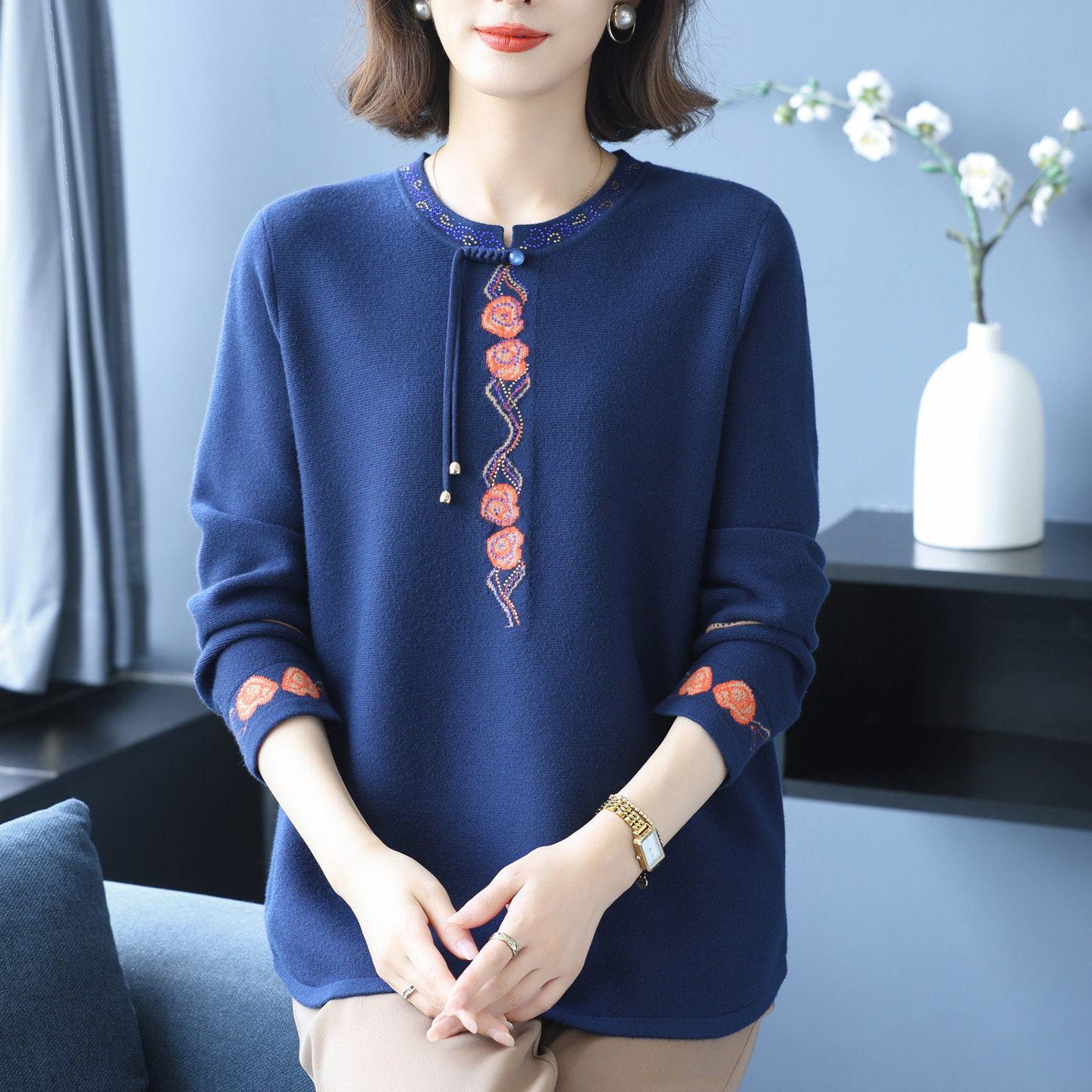 洋气中老年妈妈秋冬新中式羊毛衫加肥加大码女装宽松遮肚羊绒上衣,淘宝优惠券,粉丝福利购,淘宝优惠卷