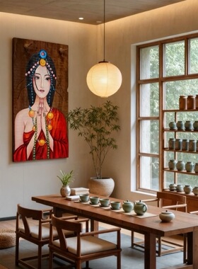 新中式手绘卓玛人物客厅沙发背景墙装饰画茶室书房玄关挂画