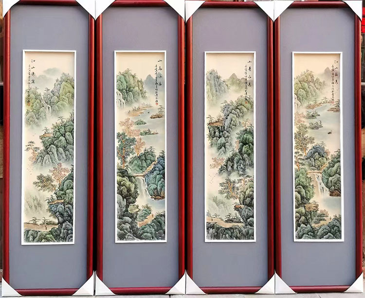 景德镇陶瓷画手绘瓷板画四条屏山水风景瓷画客厅装饰画新中式挂画-图3