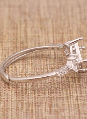 正方形925银戴妃款戒指空托围锆代裸石镶嵌18k金 戒指空托活口