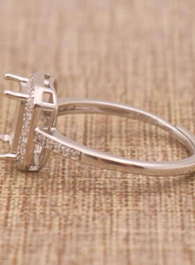 长方形925银戴妃款戒指空托围锆代裸石镶嵌18k金戒指空托活口