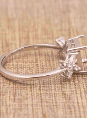 正方形925银戴妃款戒指空托围锆代裸石镶嵌18k金 戒指空托活口