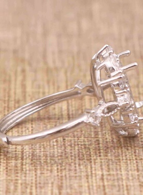 长方形925银戴妃款戒指空托围锆代裸石镶嵌18k金戒指空托活口