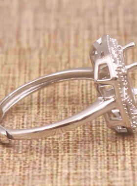 正方形925银戴妃款戒指空托围锆代裸石镶嵌18k金 戒指空托活口