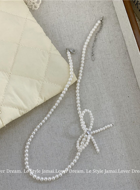 韩国新款海盐蓝贝壳串珠蝴蝶结珍珠项链 甜美锁骨链choker项饰女