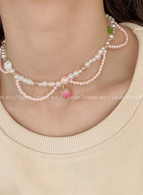 韩国新款粉色高亮仿珍珠项链 清新甜美百搭锁骨链蝴蝶爱心项饰品
