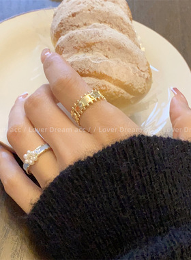 韩版复古水钻仿珍珠开口戒指 甜酷百搭活口戒圈时尚通勤指环手饰