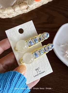 高级感彩色重工水晶发夹蓝色毛线蝴蝶结侧边夹碎发夹鸭嘴夹发卡女
