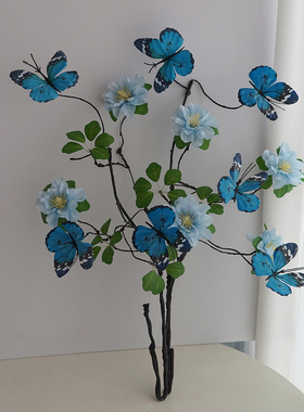 蓝色蝴蝶花束仿真花假花摆设干花客厅餐桌插花花瓶装饰品花艺摆件