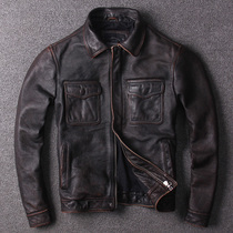 Youth tooling version Amei click Leather Leather Clothing Men Short turnover water washing to make old headlayer scallopers leather jacket
