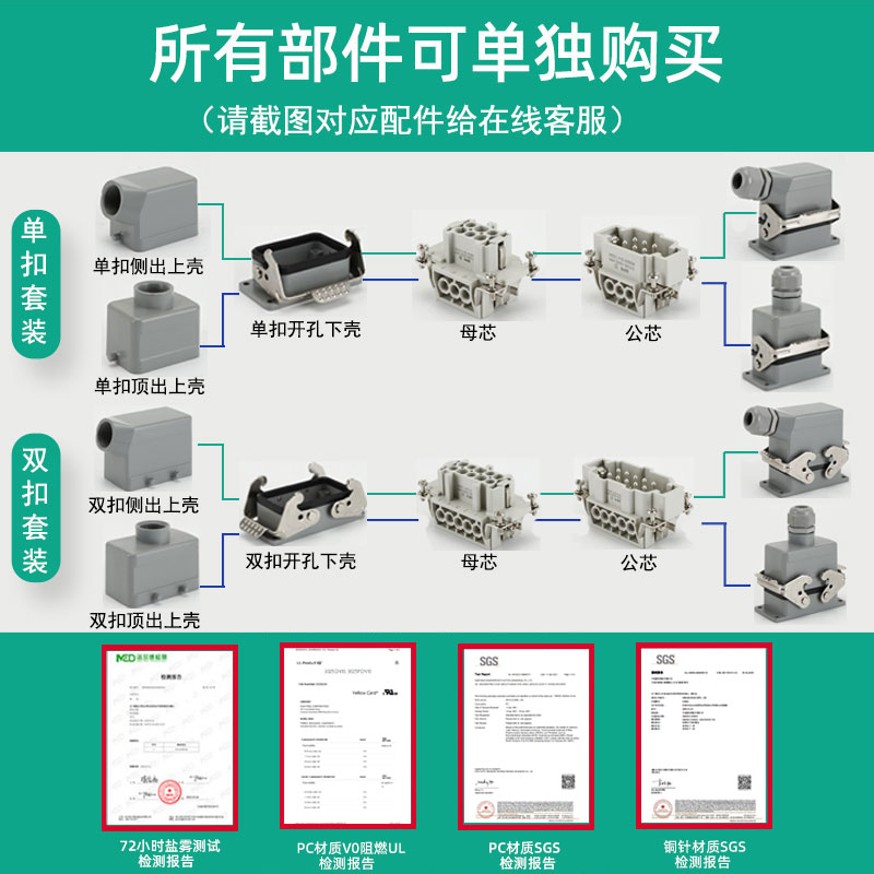 矩形重载连接器4针6芯12孔HSB-006工业防水航空插头插座大电流35A-图2