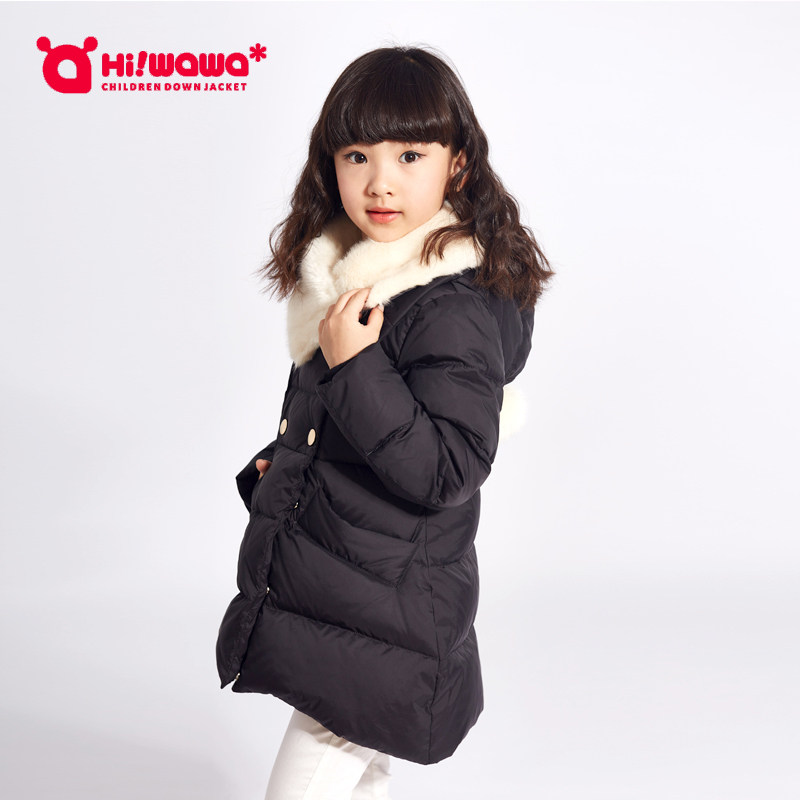 海娃娃女童羽绒服中长款仓收腰白鸭绒中大童黑色冬装