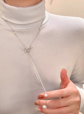 粉色闪锆小马珍珠吊坠可抽拉项链女轻奢高级感长款毛衣链配饰颈链