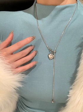 韩系银色爱心抽拉流苏毛衣链简约精致项链女小众设计感颈链锁骨