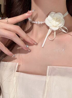山茶花朵珍珠颈链choker项圈女颈带项链锁骨链绑带脖子系花配饰
