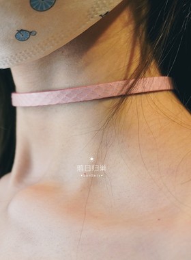 马卡龙粉颈环手工定制皮锁骨链女