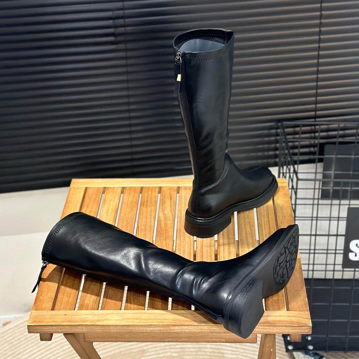 平口弹力长筒靴女不过膝秋冬新款瘦瘦靴子棕色女靴粗跟高筒骑士靴,淘宝优惠券,粉丝福利购,淘宝优惠卷