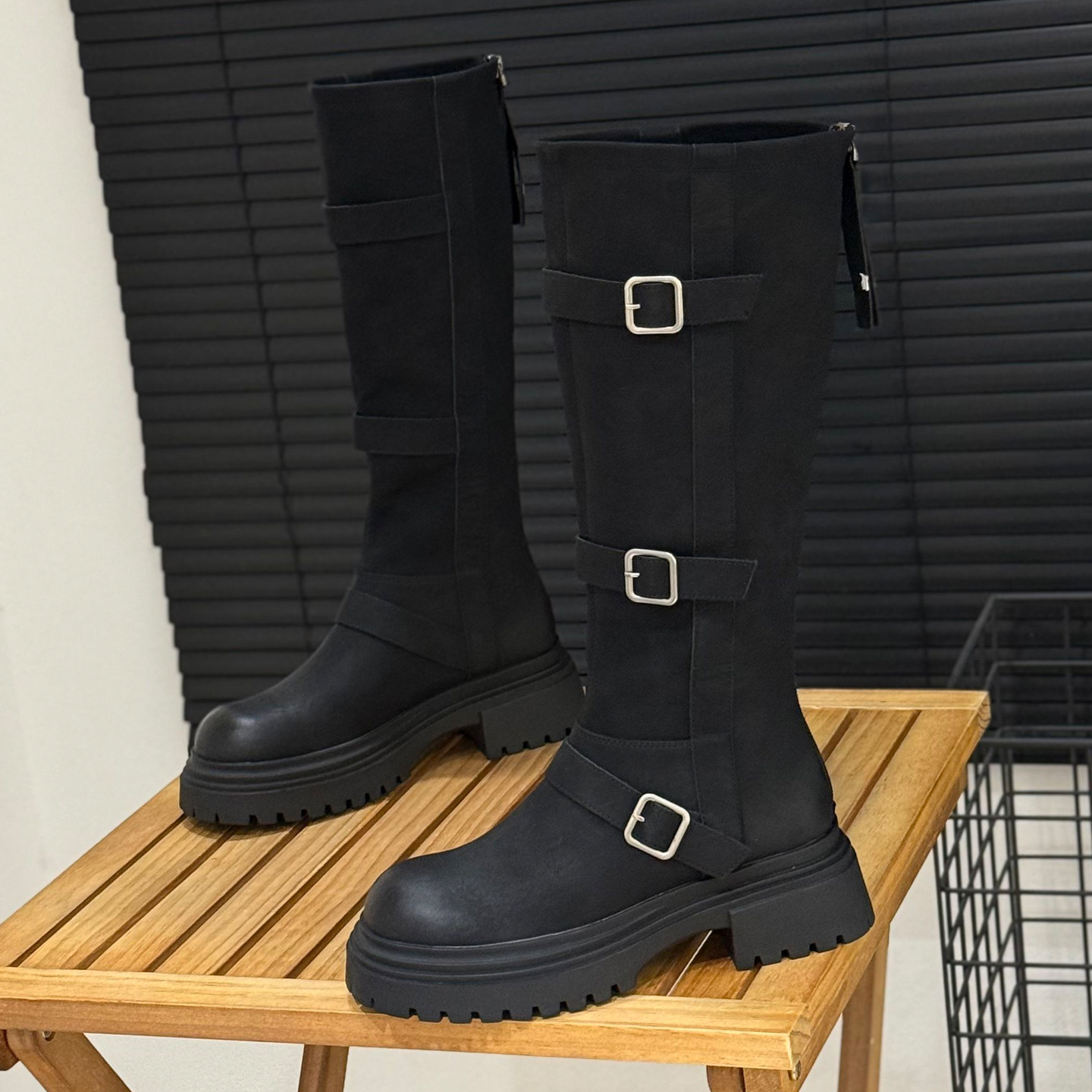 粗跟不过膝长筒靴女2025秋冬新款弹力瘦瘦高筒骑士靴皮带扣机车靴,淘宝优惠券,粉丝福利购,淘宝优惠卷
