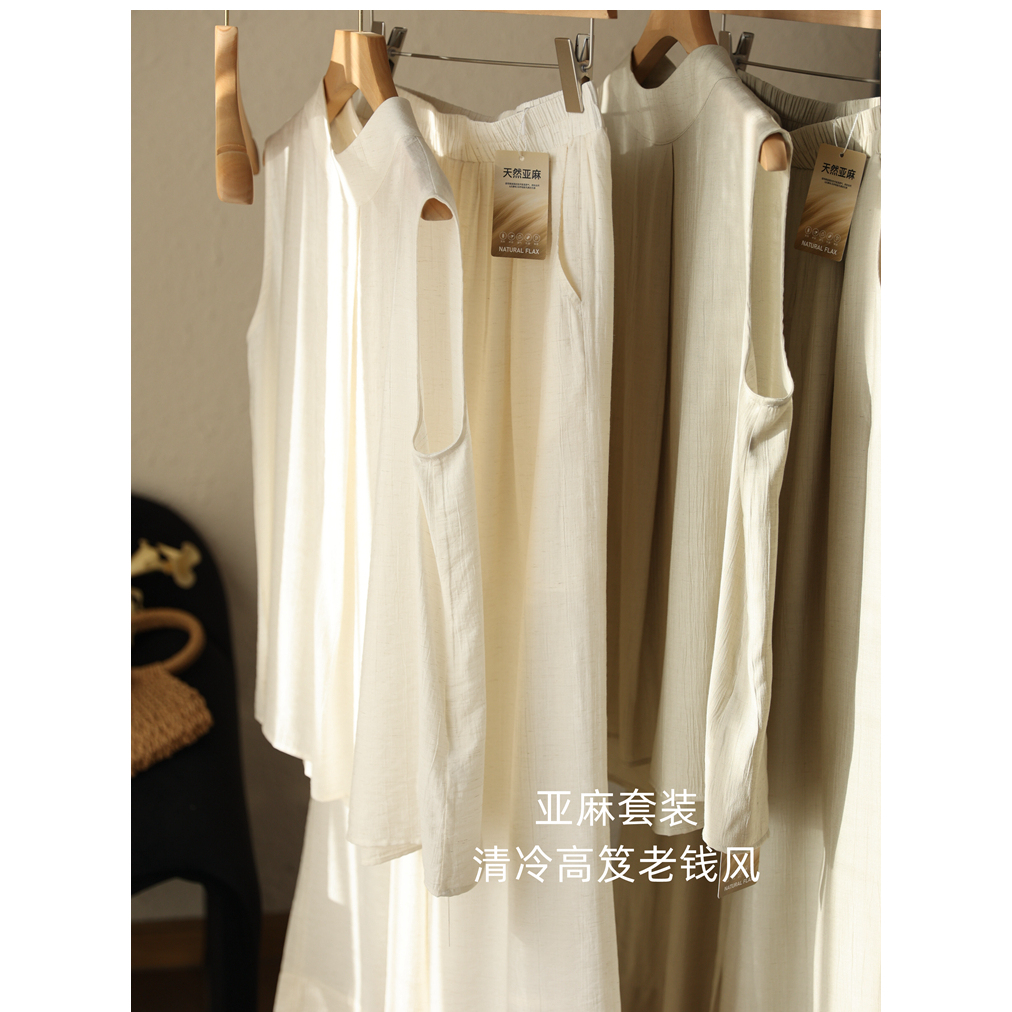 夏日松弛感套装轻熟风无袖上衣人丝亚麻两件套慵懒风松紧腰阔腿裤 - 图3