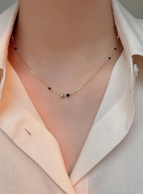 OPs夜之繁星闪亮黑尖晶磨砂转运珠美国14K包金纯银气质锁骨项链女