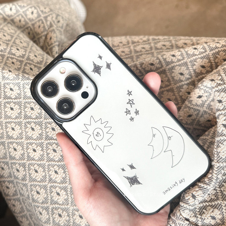 韩国ins小众简约手绘插画月亮星星黑边软壳适用iphone15promax/14promax苹果13/12/11全包16pro手机保护套