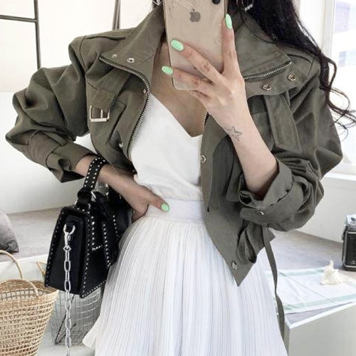 韩国chic秋季个性翻领拉链宽松双口袋抽绳收腰短款工装夹克外套女 - 图1