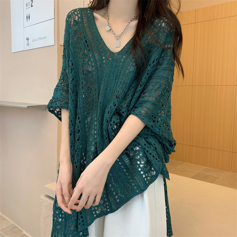 韩版减龄显瘦时髦镂空针织衫女夏季设计感小众体恤百搭罩衫上衣服 - 图2