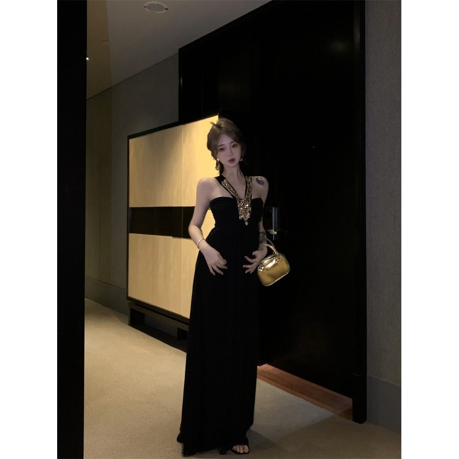 气质千金黑色挂脖吊带礼服裙连衣裙女装夏季重工A字裙长款裙子,淘宝优惠券,粉丝福利购,淘宝优惠卷