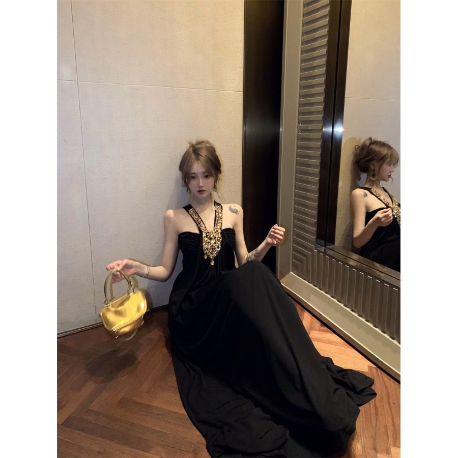 气质千金黑色挂脖吊带礼服裙连衣裙女装夏季重工A字裙长款裙子,淘宝优惠券,粉丝福利购,淘宝优惠卷