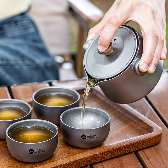 Дорожный чайный сервиз из чистого титана, походный чайный сервиз из титанового сплава, портативный чайник, палочки для еды, чашка, двухслойный титановый чайный сервиз с защитой от ожогов