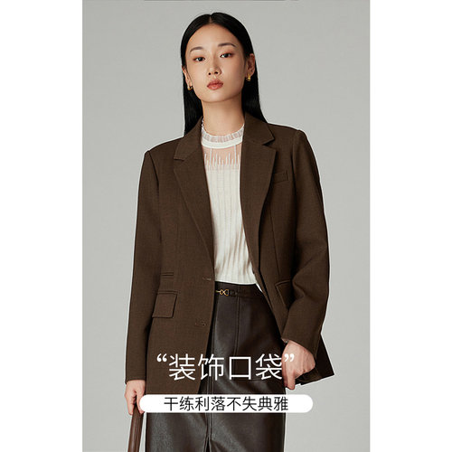 IVYKKI艾维简约气质西装时尚复古棕色长袖短外套女2025年秋季新款 - 图0