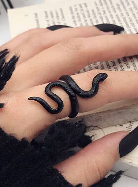 欧美跨境新品蛇黑色戒指几何开口