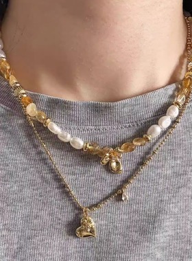 夏日多巴胺花朵黄水晶珍珠项链