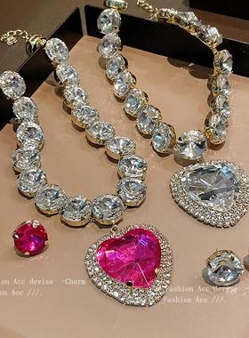 欧美重工爱心镶钻耳钉项链