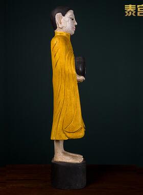 泰式风格沙弥佛像木雕人偶摆件
