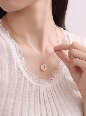 原创平安扣玉髓独角兽项链女纯银新中式马年萌马锁骨链少女心吊坠