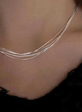 s925纯银多层竹节项链女ins冷淡风小众设计高级感超闪锁骨链