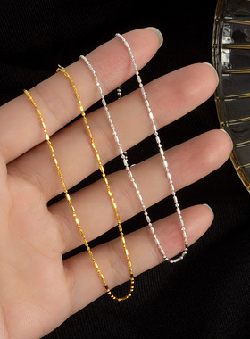 S925纯银波光粼粼串珠项链车花方块锁骨链韩式简约叠带款首饰