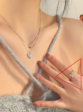 s925纯银双层爱心项链女ins夏季小众轻奢设计甜美心形闪钻锁骨链