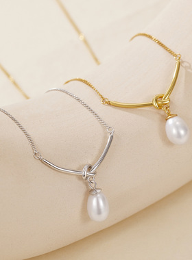 s925纯银绳结淡水珍珠项链女法式轻奢小众风ins高级感气质锁骨链