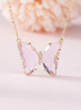 日韩少女水晶玻璃蝴蝶项链欧美ins风短款锁骨链短款水晶项链时尚