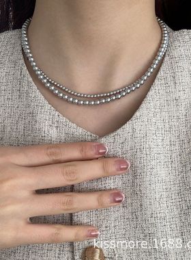 琛墨S925纯银通勤灰色施家珍珠项链配饰女夏季简约锁骨链颈链