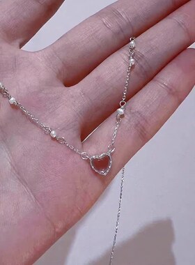 春夏新款粉晶爱心贝珠项链女纯银甜美小众设计高级感ins吊坠