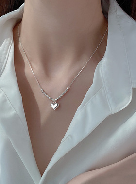 s925纯银立体爱心珠设计款项链女潮流高级感车花圆珠锁骨链