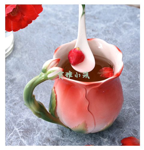 创意北欧咖啡杯玫瑰马克杯欧式法兰彩抖音陶瓷杯情人生日礼物包邮 - 图1