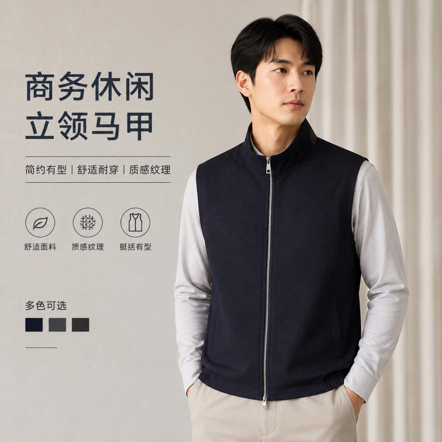 Plock New Men's Casual Vest Spring and Autumn Stand Collar Zipper Version Waistcoat Young and Middle-aged Business Old Money Fengma